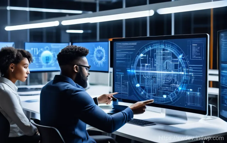 설계 패턴을 통한 팀 내 기술 공유 - A diverse team of developers, men and women of various ethnicities, collaborating intensely around a...