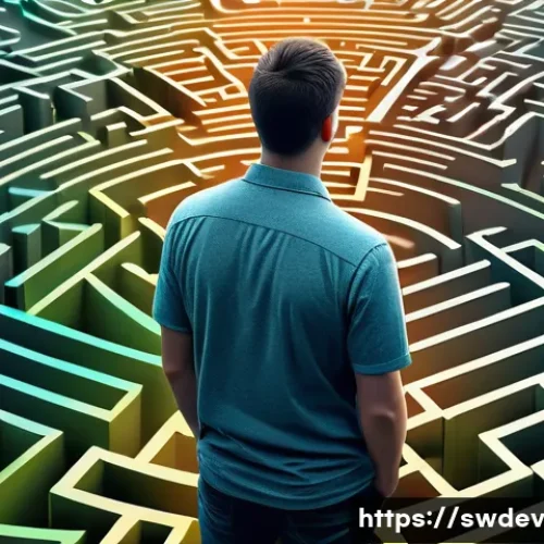 모던 개발에서의 소프트웨어 설계 패턴 - A young, focused software developer, professionally dressed in a smart casual outfit consisting of a...