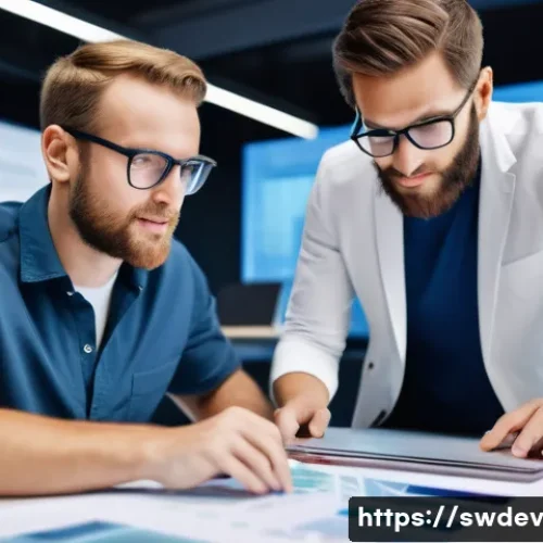 소프트웨어 설계 패턴의 경제적 가치 - A modern software development team collaborating in a bright, open office environment, gathered arou...