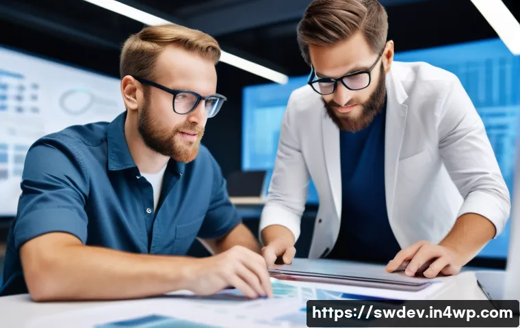 소프트웨어 설계 패턴의 경제적 가치 - A modern software development team collaborating in a bright, open office environment, gathered arou...