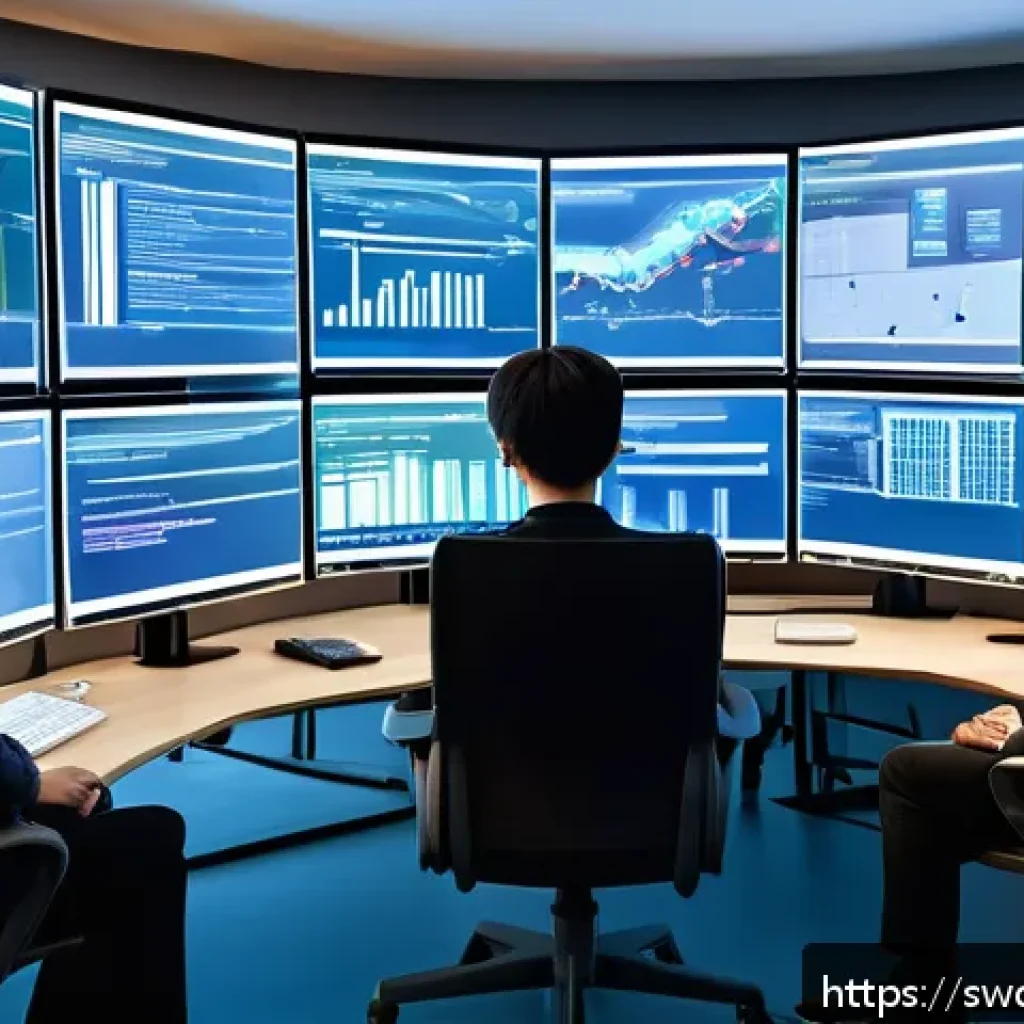 소프트웨어 설계 패턴을 통한 지속 가능한 개발 - A high-tech software development workspace showing a modular architecture diagram on multiple screen...