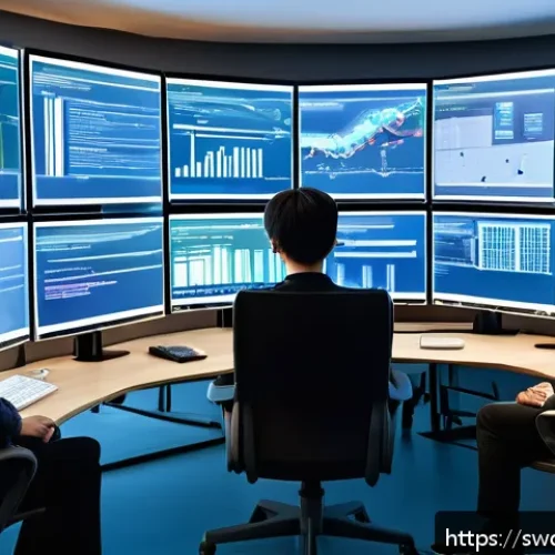 소프트웨어 설계 패턴을 통한 지속 가능한 개발 - A high-tech software development workspace showing a modular architecture diagram on multiple screen...
