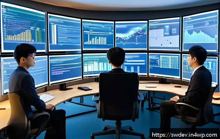 소프트웨어 설계 패턴을 통한 지속 가능한 개발 - A high-tech software development workspace showing a modular architecture diagram on multiple screen...
