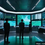 옵서버 패턴을 활용한 이벤트 처리 - A detailed, futuristic control room with multiple transparent digital screens displaying real-time d...