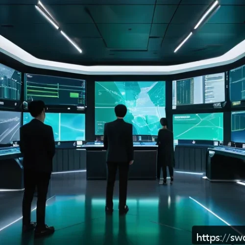 옵서버 패턴을 활용한 이벤트 처리 - A detailed, futuristic control room with multiple transparent digital screens displaying real-time d...
