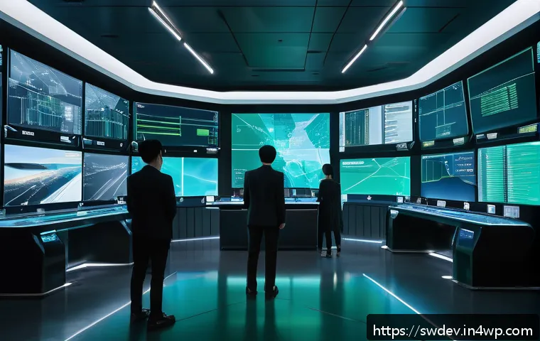 옵서버 패턴을 활용한 이벤트 처리 - A detailed, futuristic control room with multiple transparent digital screens displaying real-time d...