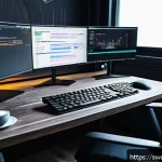 커맨드 패턴으로 사용자 동작 처리하기 - A detailed illustration of a software developer&rsquo;s workspace focused on command pattern design: a mod...